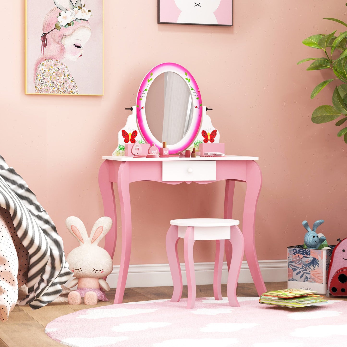 Conjunto de Mesa y Taburete de Tocador para Niños con Espejo Rotatorio - Rosa