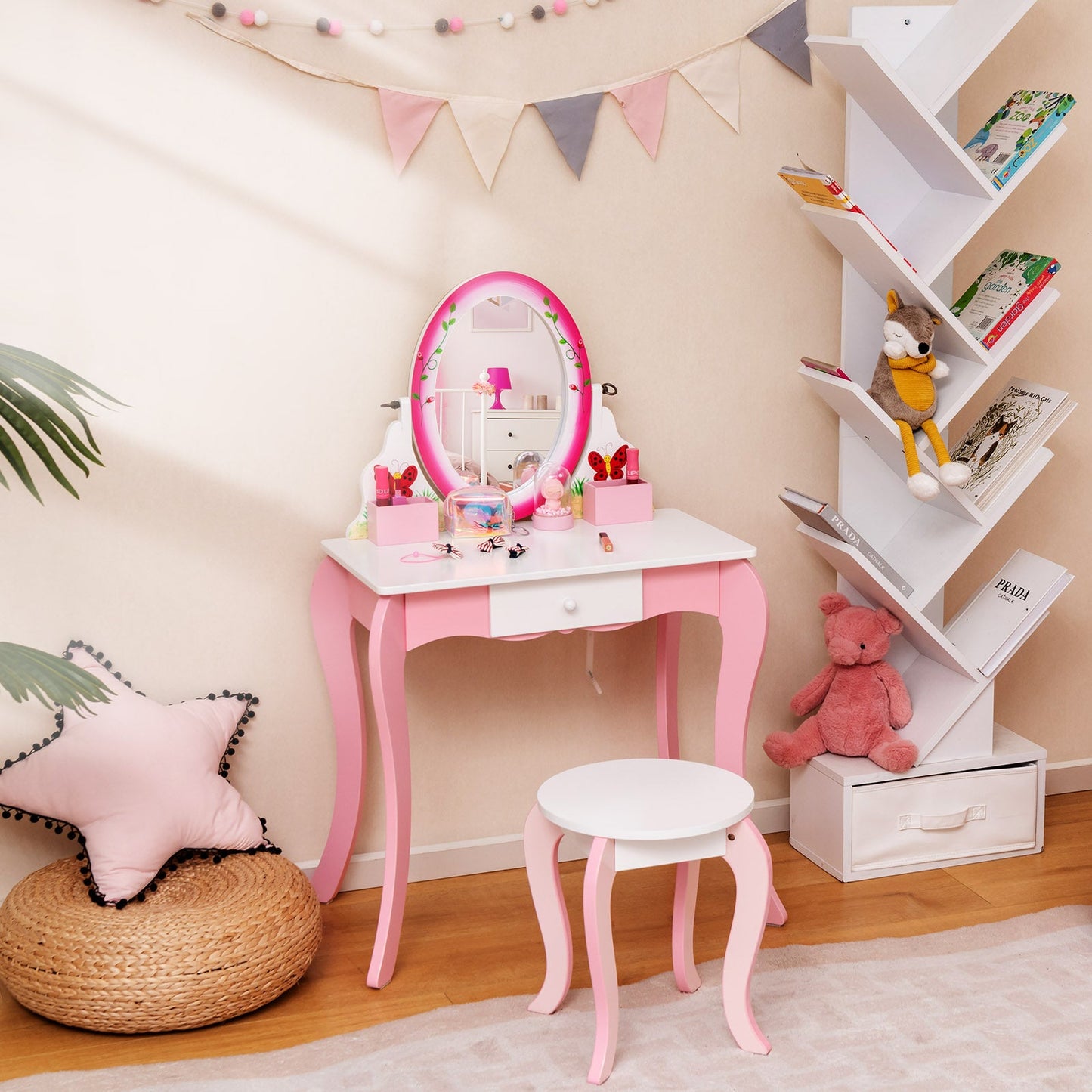 Conjunto de Mesa y Taburete de Tocador para Niños con Espejo Rotatorio - Rosa