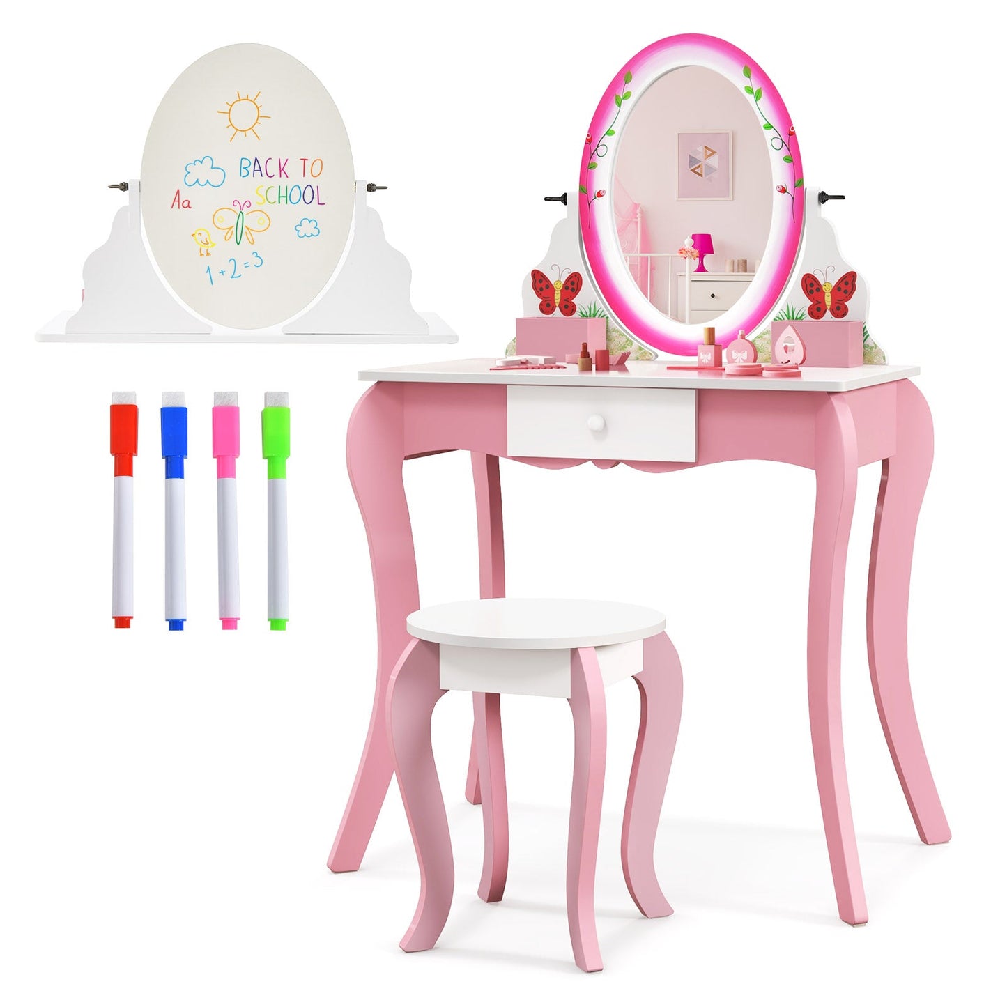 Conjunto de Mesa y Taburete de Tocador para Niños con Espejo Rotatorio - Rosa