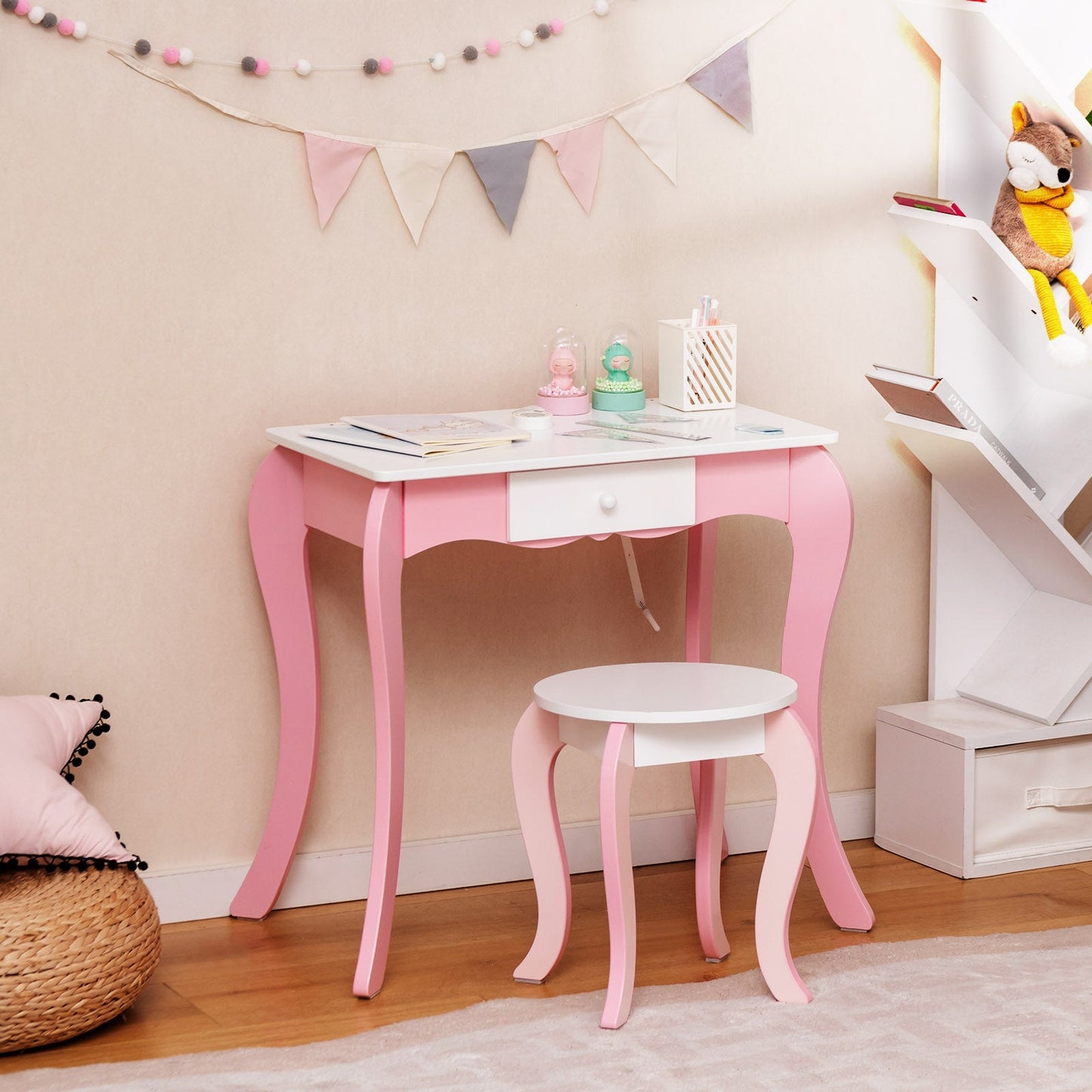 Conjunto de Mesa y Taburete de Tocador para Niños con Espejo Rotatorio - Rosa