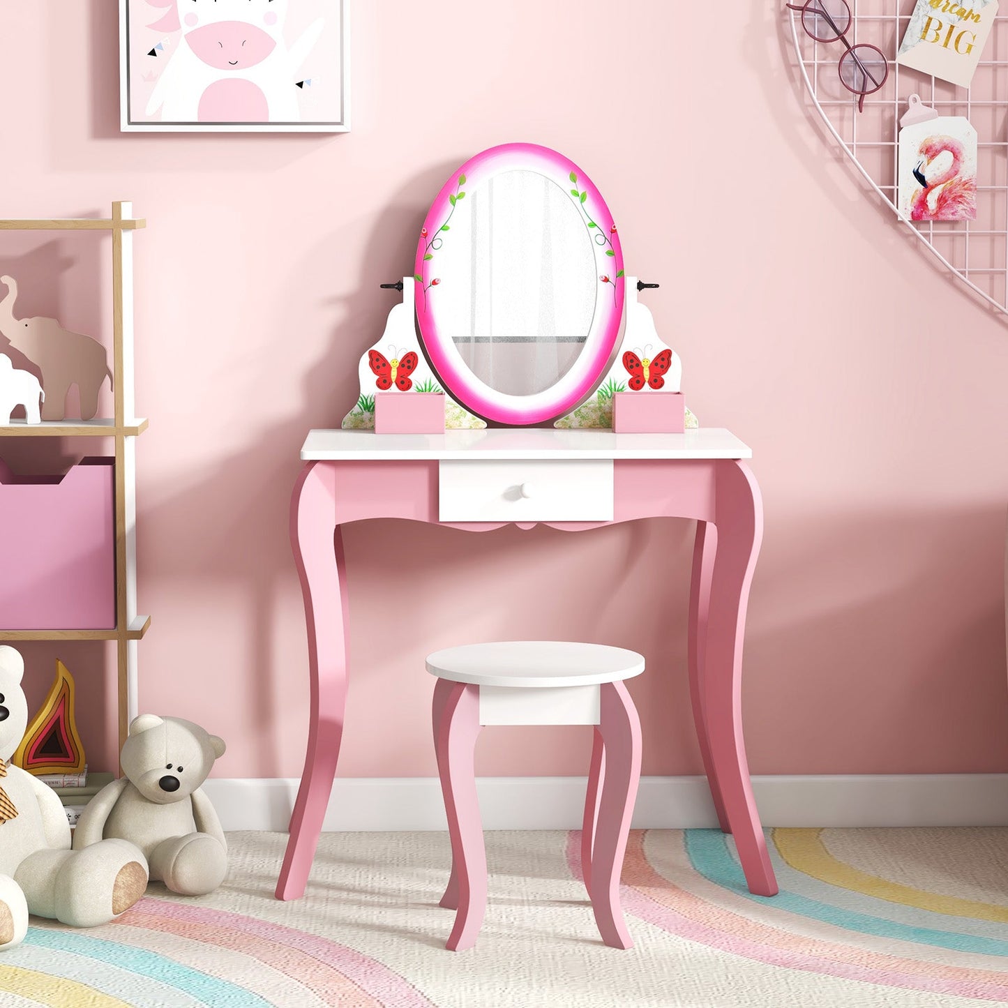 Conjunto de Mesa y Taburete de Tocador para Niños con Espejo Rotatorio - Rosa