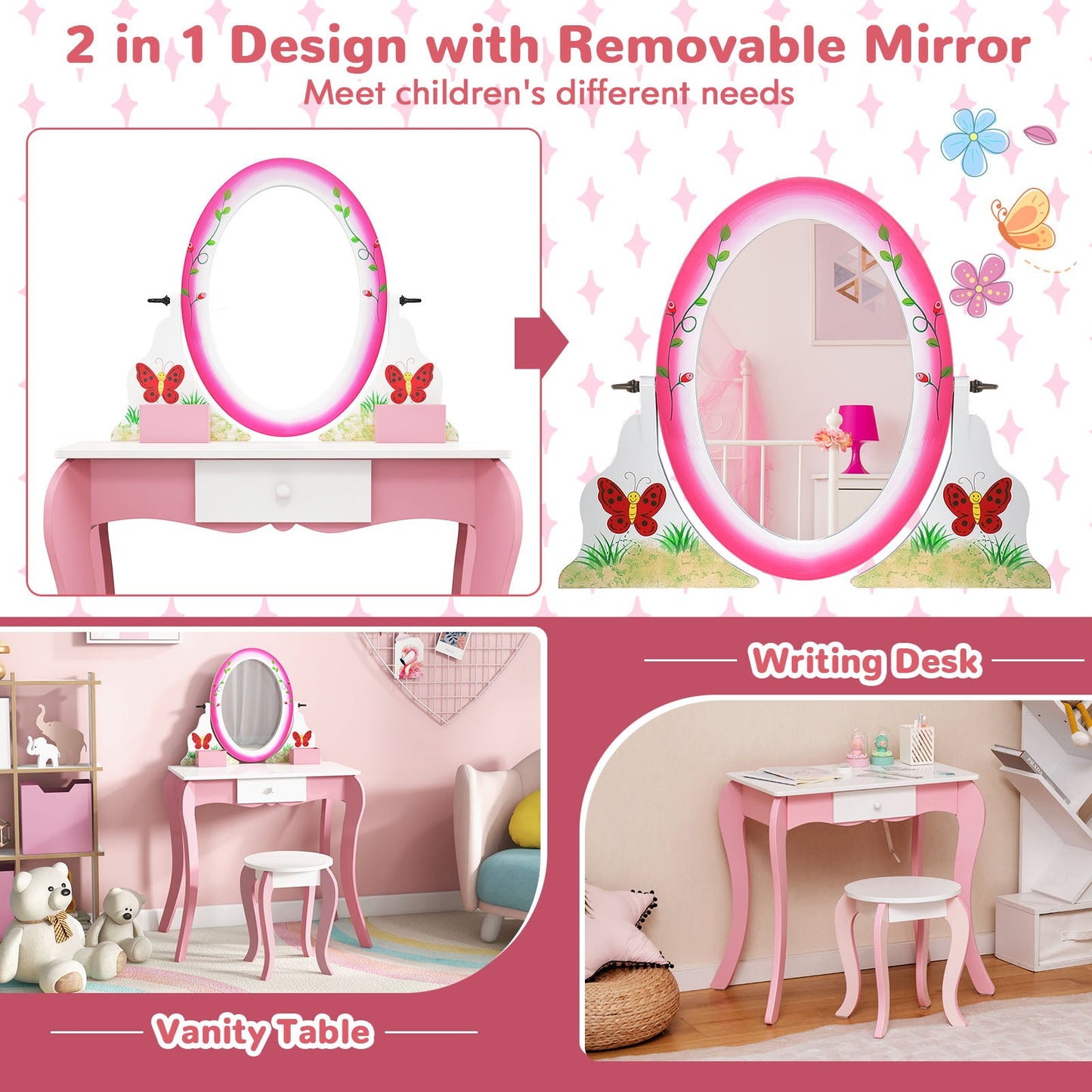 Conjunto de Mesa y Taburete de Tocador para Niños con Espejo Rotatorio - Rosa