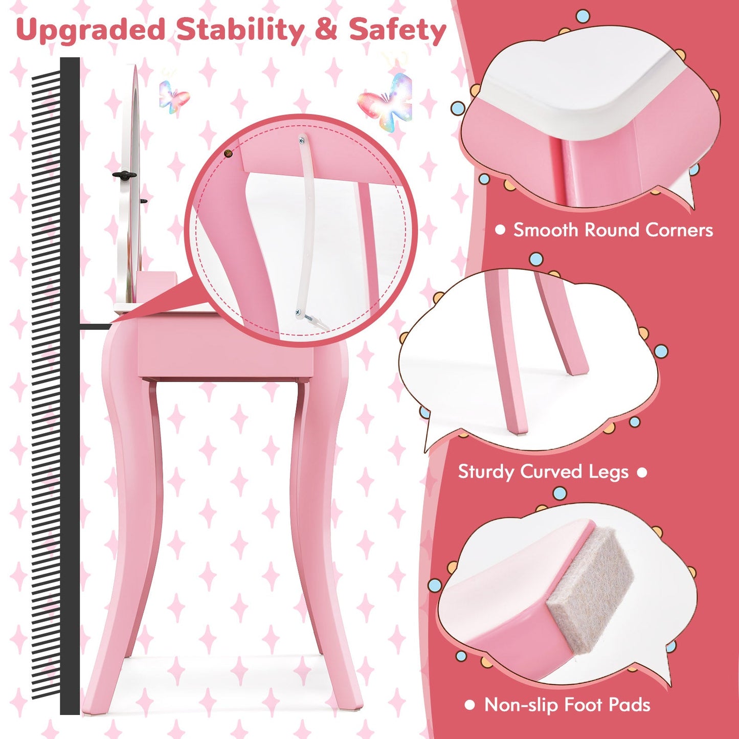 Conjunto de Mesa y Taburete de Tocador para Niños con Espejo Rotatorio - Rosa