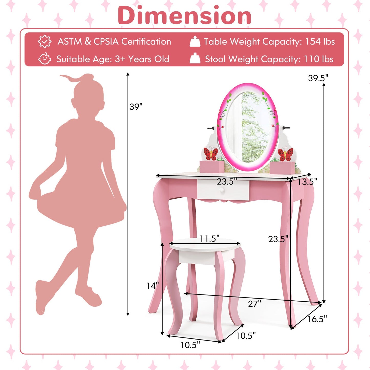 Conjunto de Mesa y Taburete de Tocador para Niños con Espejo Rotatorio - Rosa