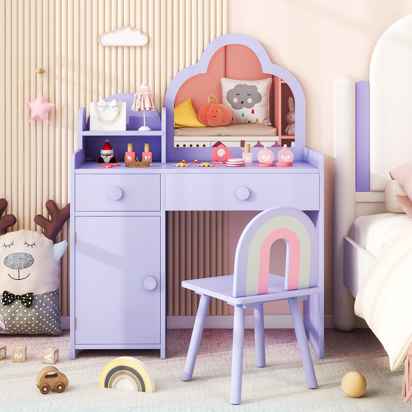 Ensemble de table de maquillage et chaise pour enfants avec miroir en forme de nuage - Violet
