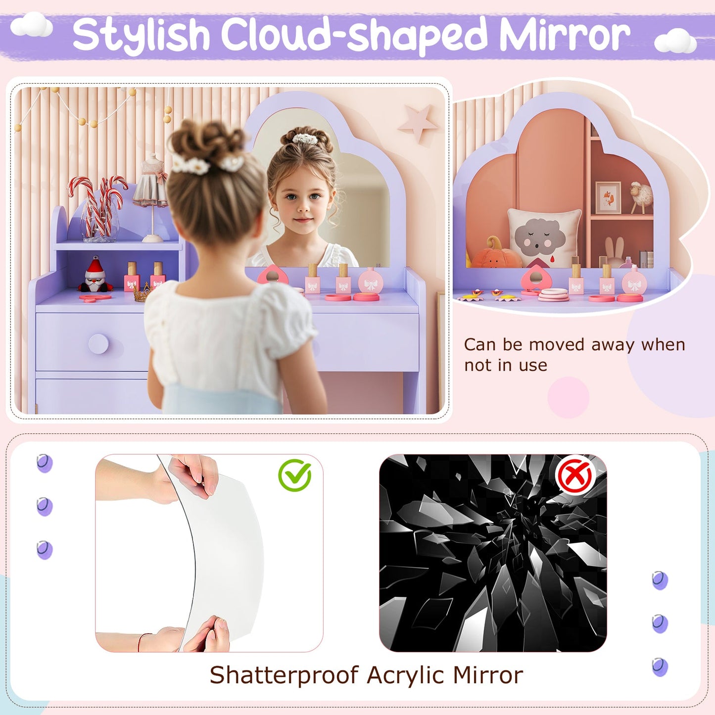 Ensemble de table de maquillage et chaise pour enfants avec miroir en forme de nuage - Violet