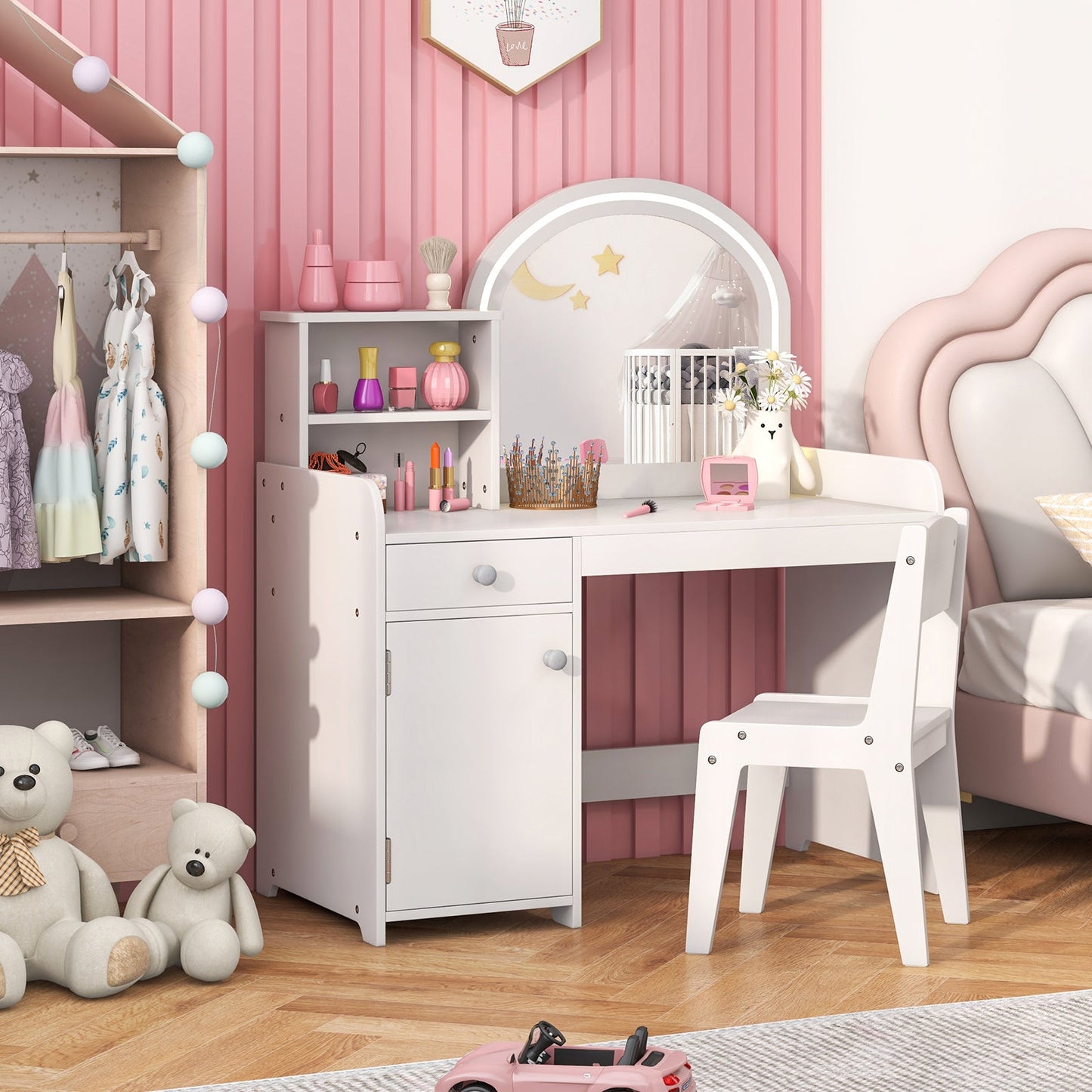 Conjunto de Mesa y Silla de Tocador para Niños con Almacenamiento - Blanco