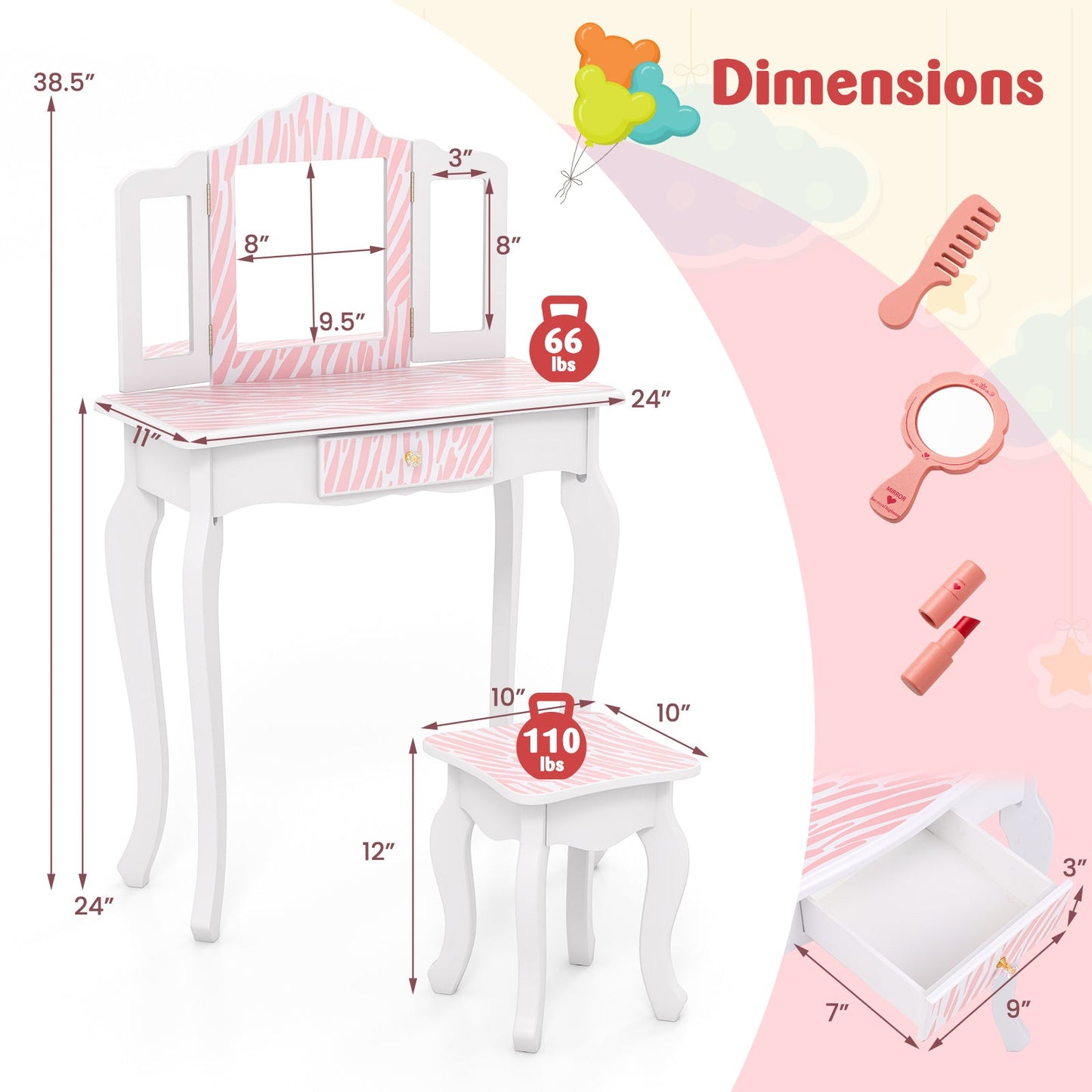 Ensemble de coiffeuse rose pour enfants avec tiroir et accessoires de maquillage