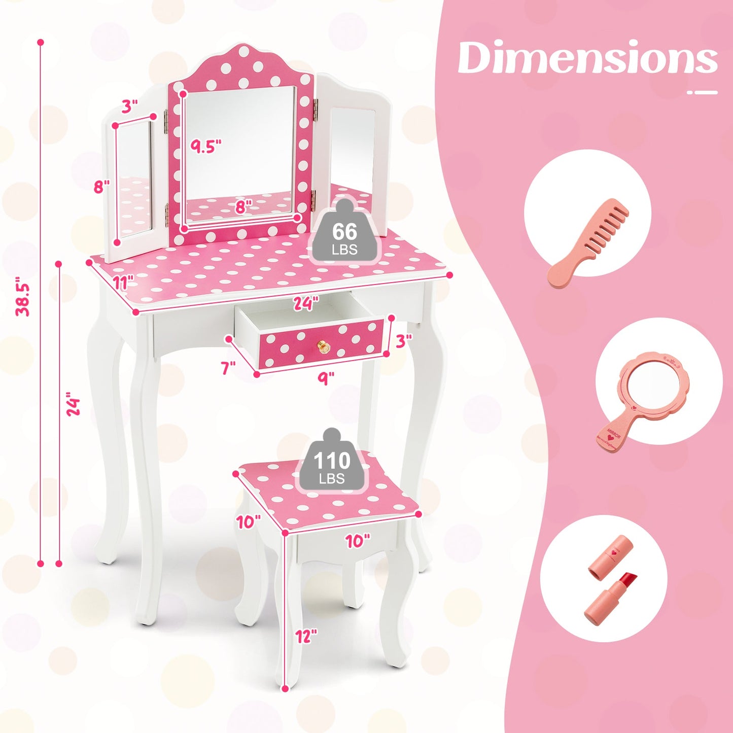 Table de maquillage de princesse pour jeu de rôle - Pois roses