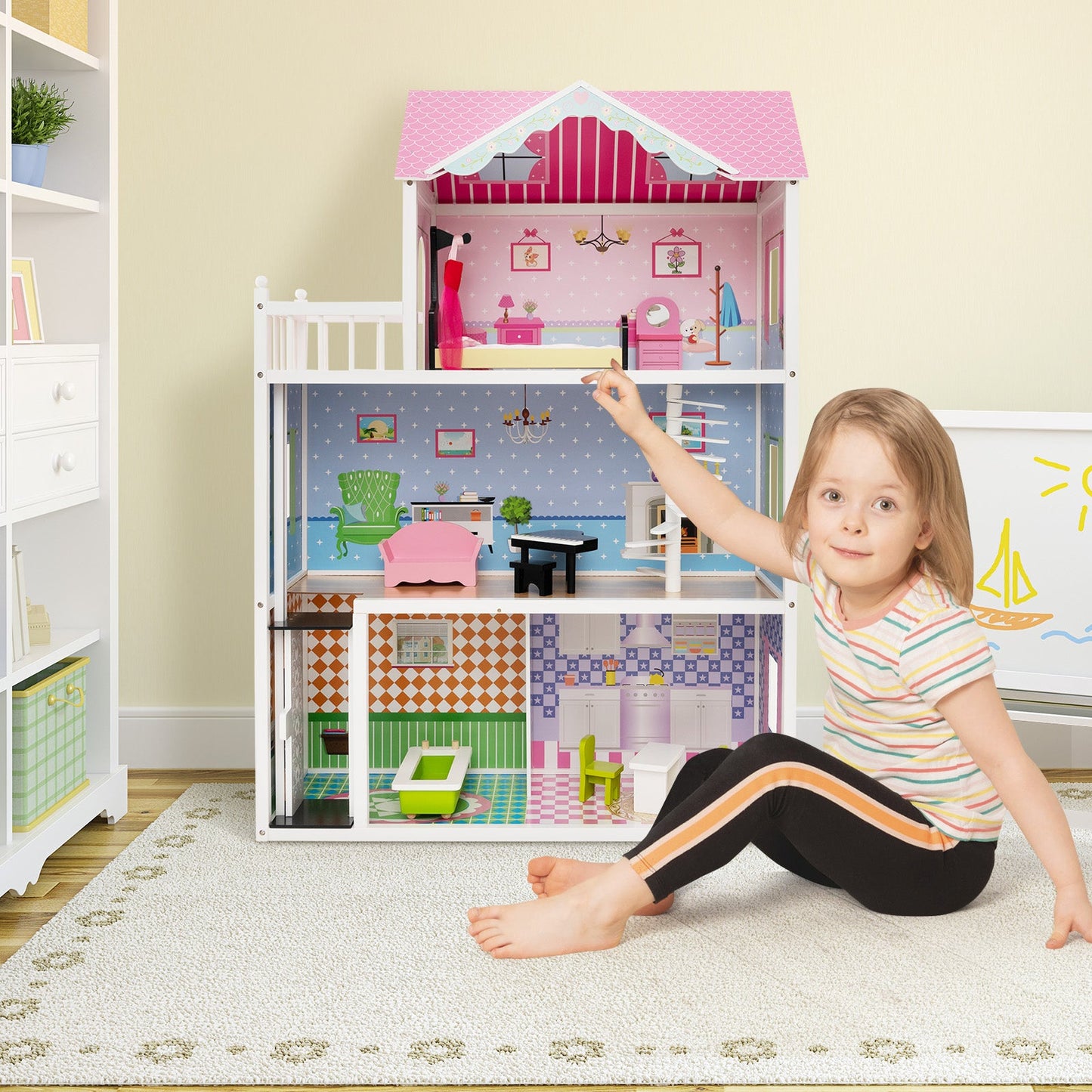 Premium Wooden Dollhouse with Elevator - Pink