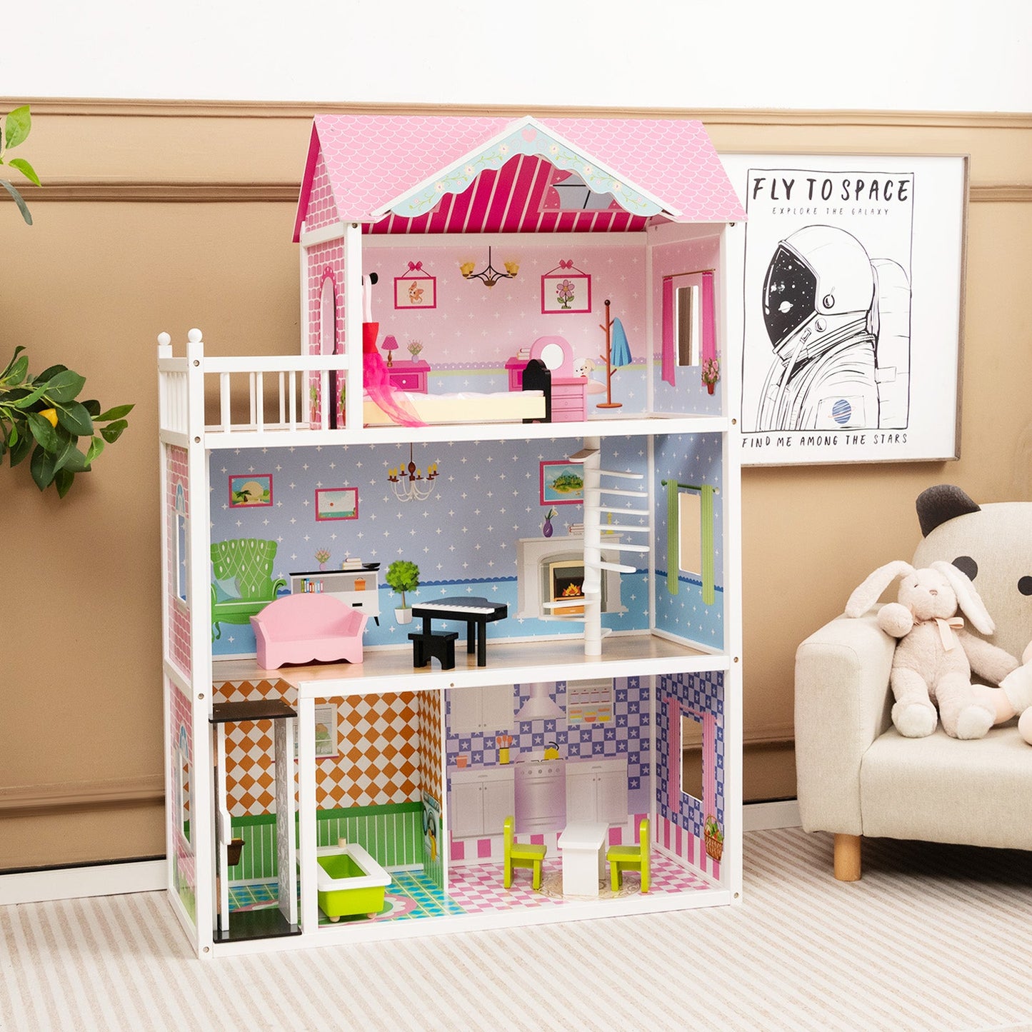 Premium Wooden Dollhouse with Elevator - Pink