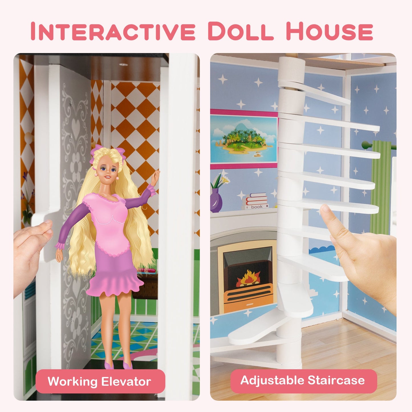 Premium Wooden Dollhouse with Elevator - Pink