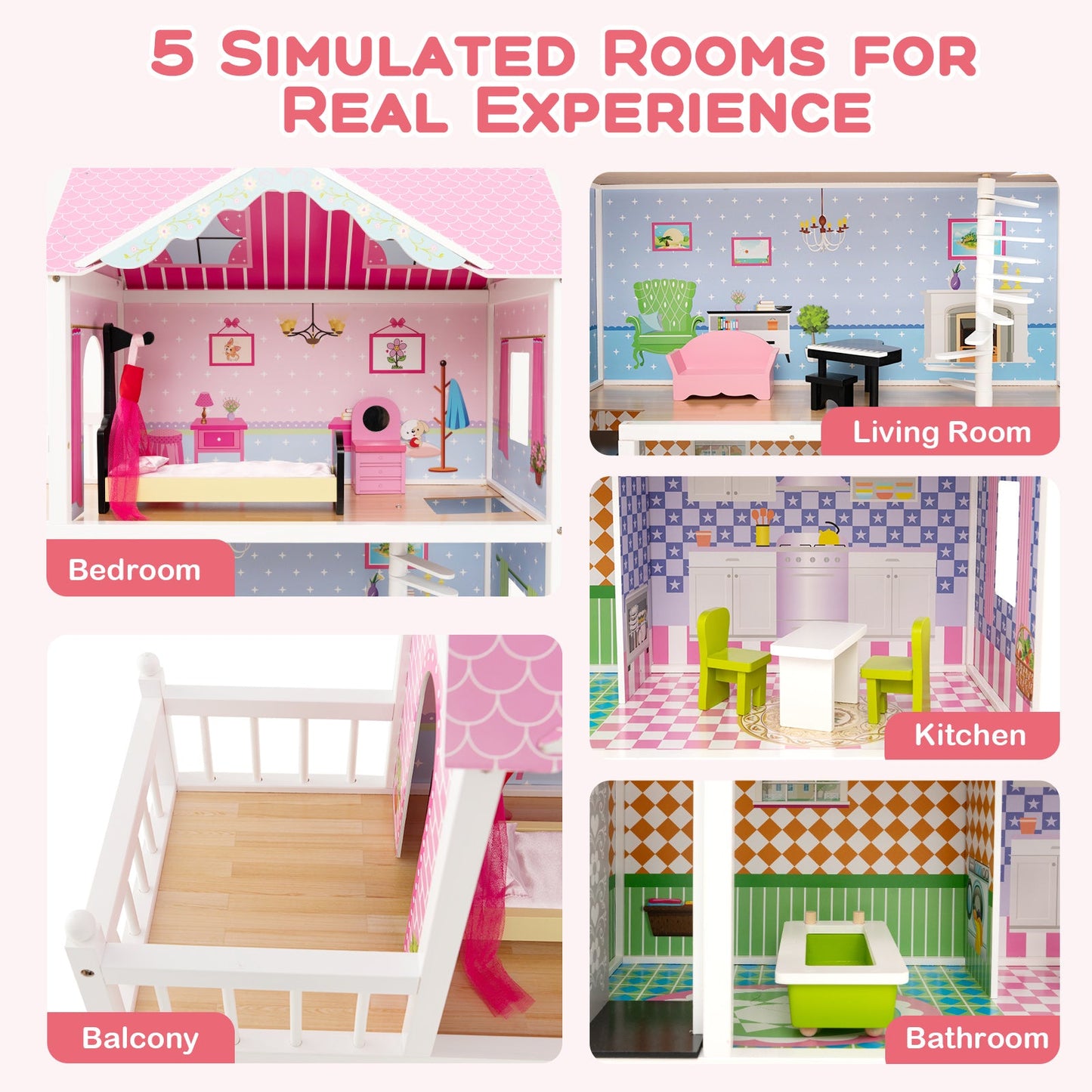 Premium Wooden Dollhouse with Elevator - Pink