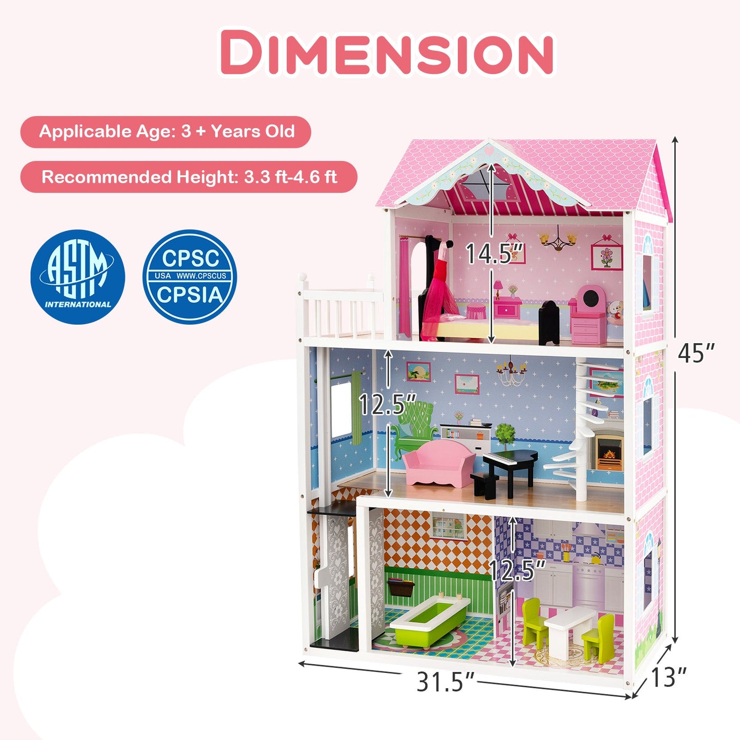 Premium Wooden Dollhouse with Elevator - Pink
