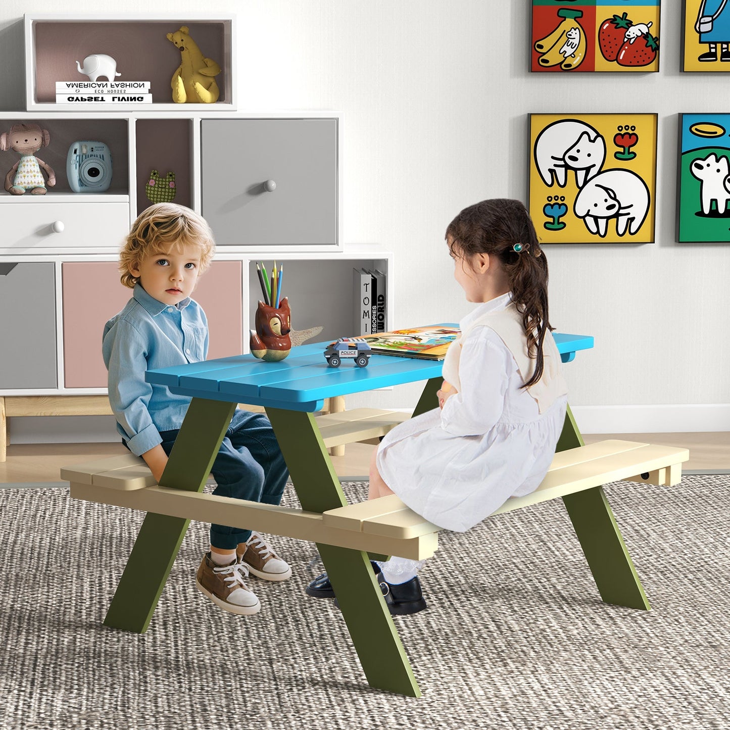 Conjunto de Mesa de Picnic de Madera para Niños con Bancos Incorporados