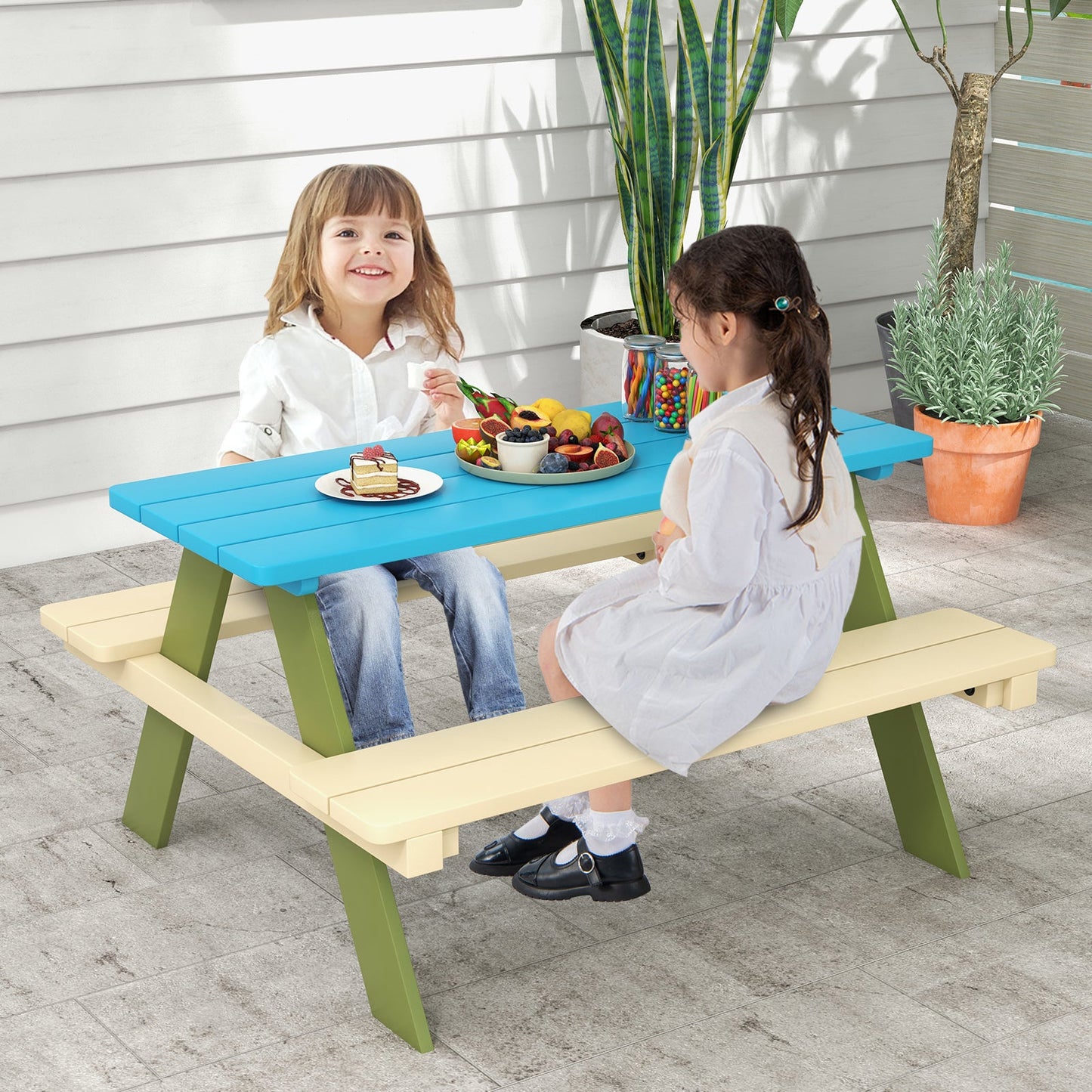 Conjunto de Mesa de Picnic de Madera para Niños con Bancos Incorporados