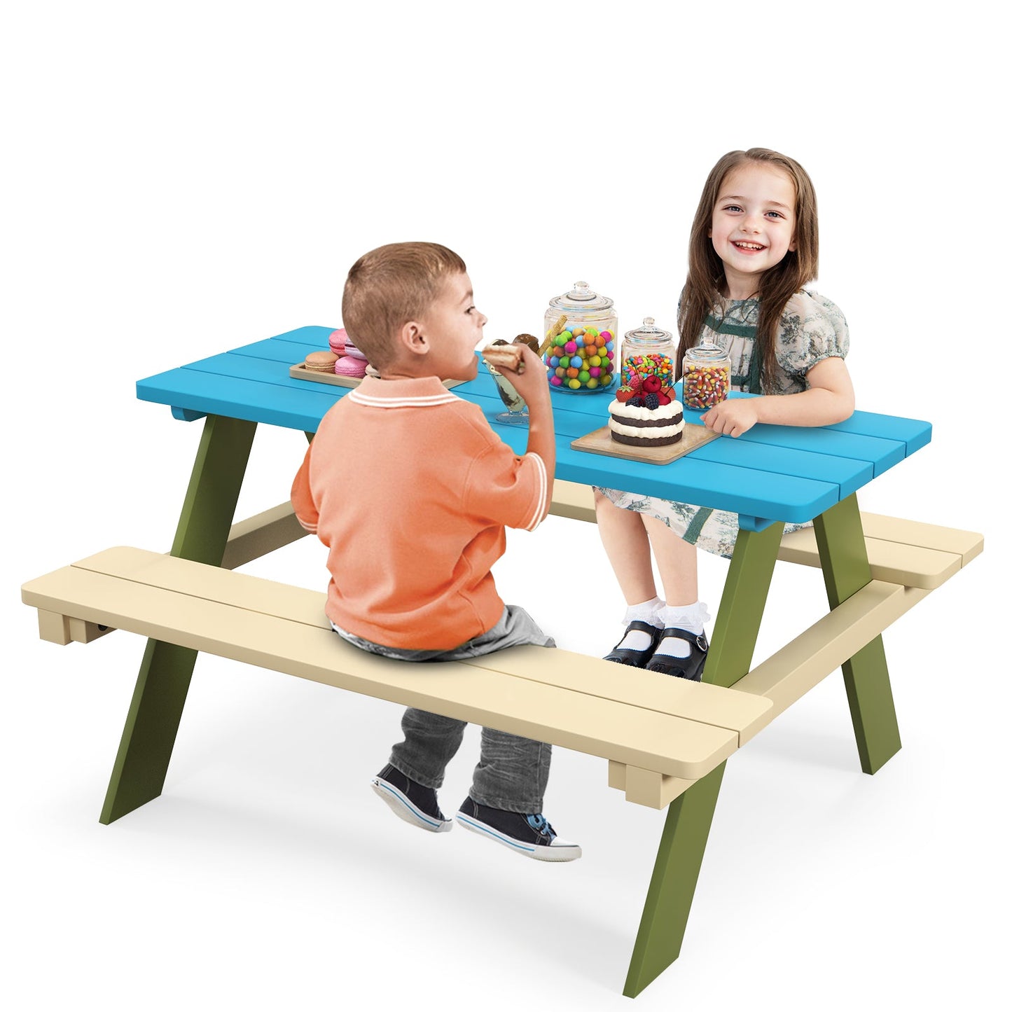 Conjunto de Mesa de Picnic de Madera para Niños con Bancos Incorporados
