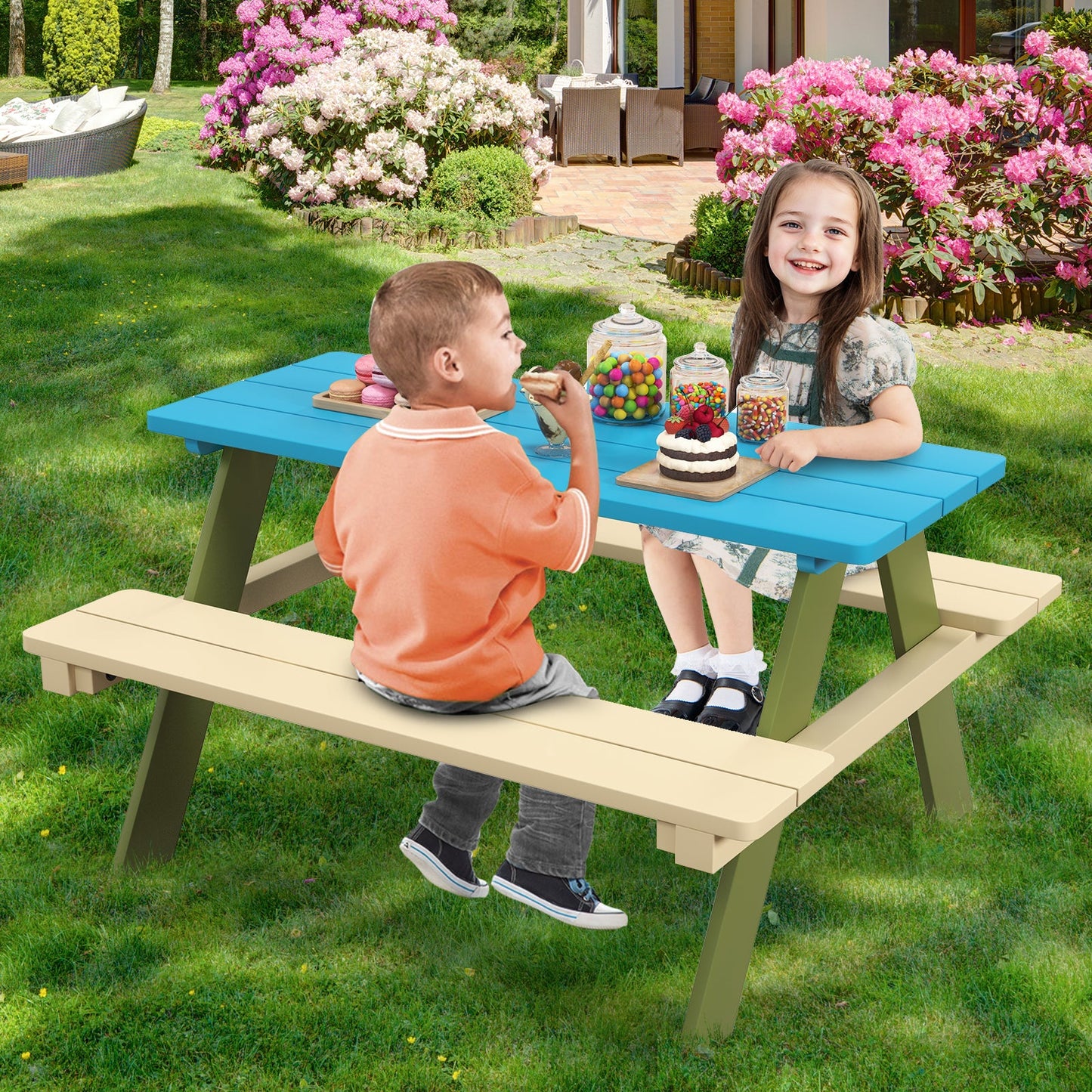 Conjunto de Mesa de Picnic de Madera para Niños con Bancos Incorporados