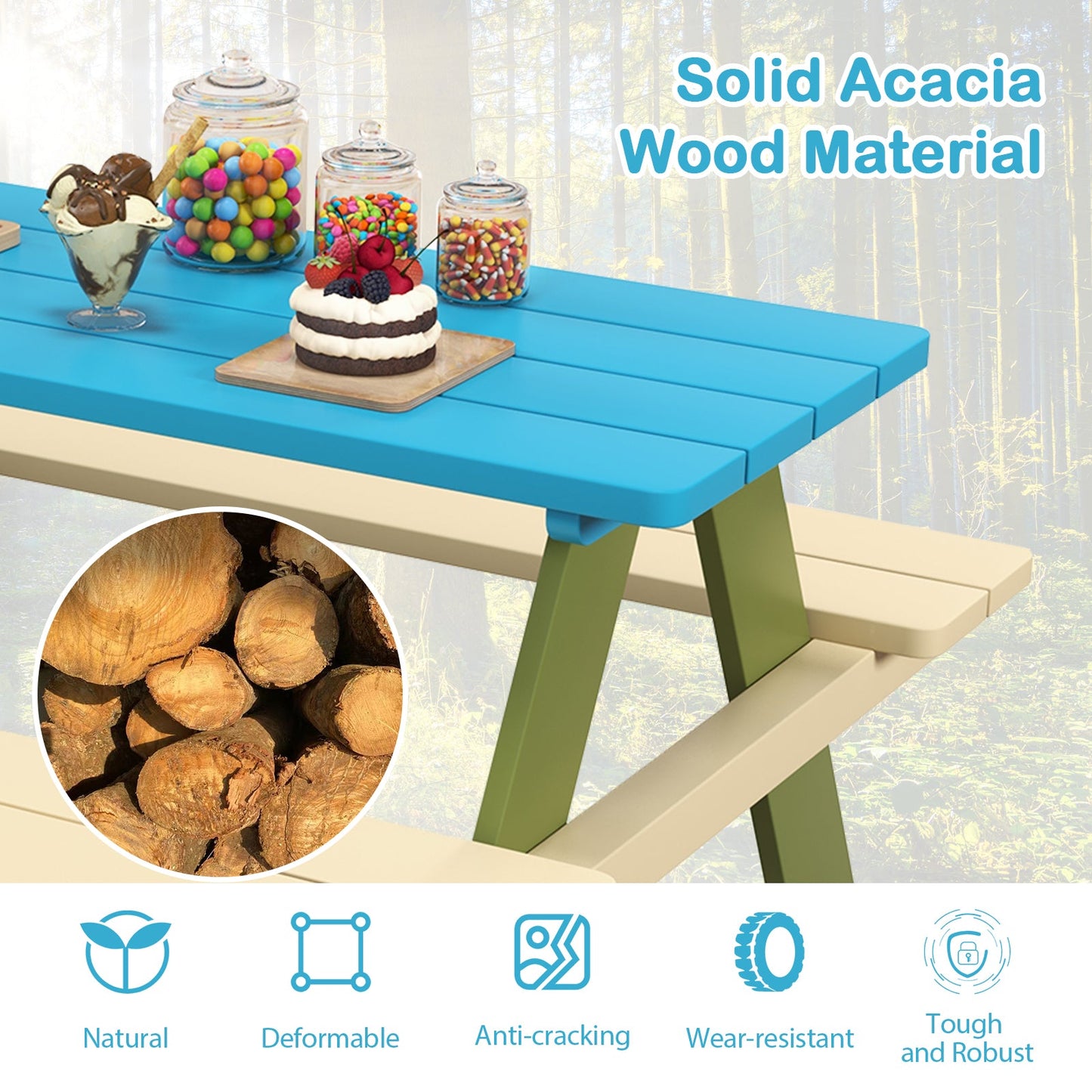 Conjunto de Mesa de Picnic de Madera para Niños con Bancos Incorporados
