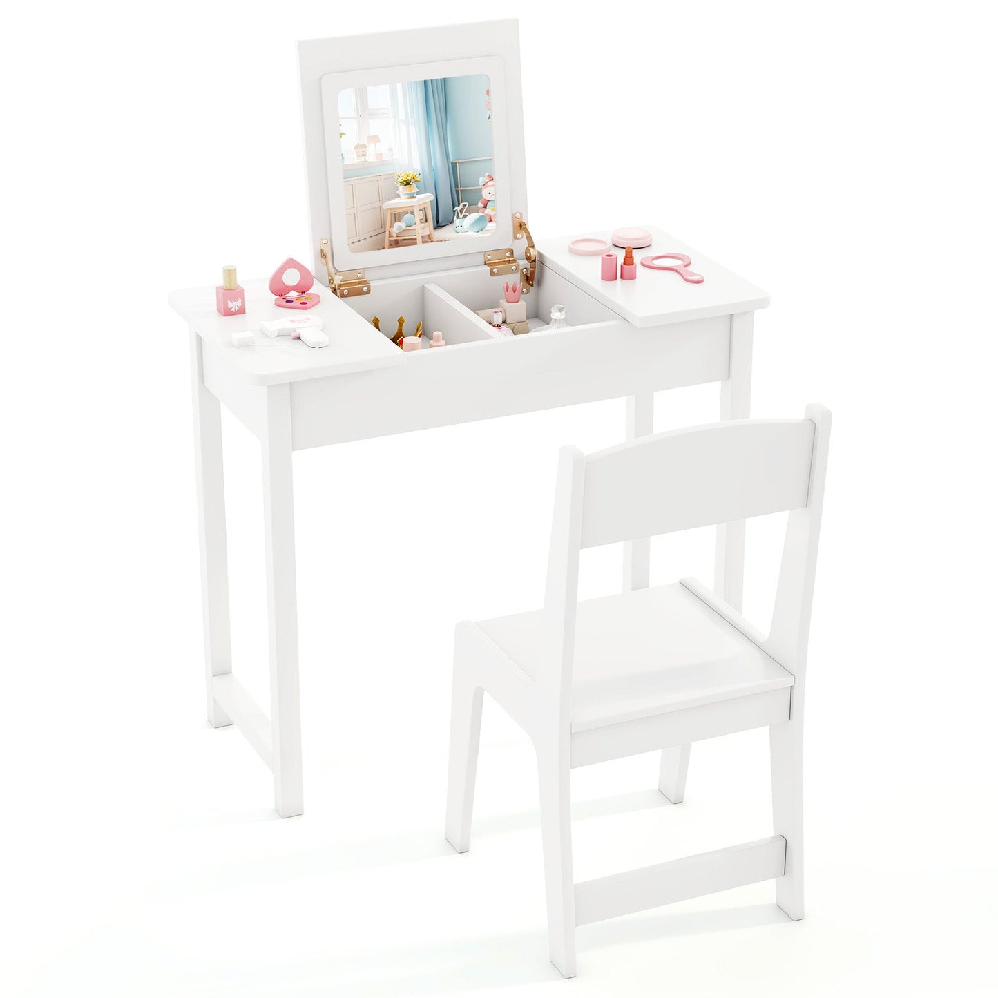 2-in-1 Kids Vanity Makeup Table and Chair Set - White