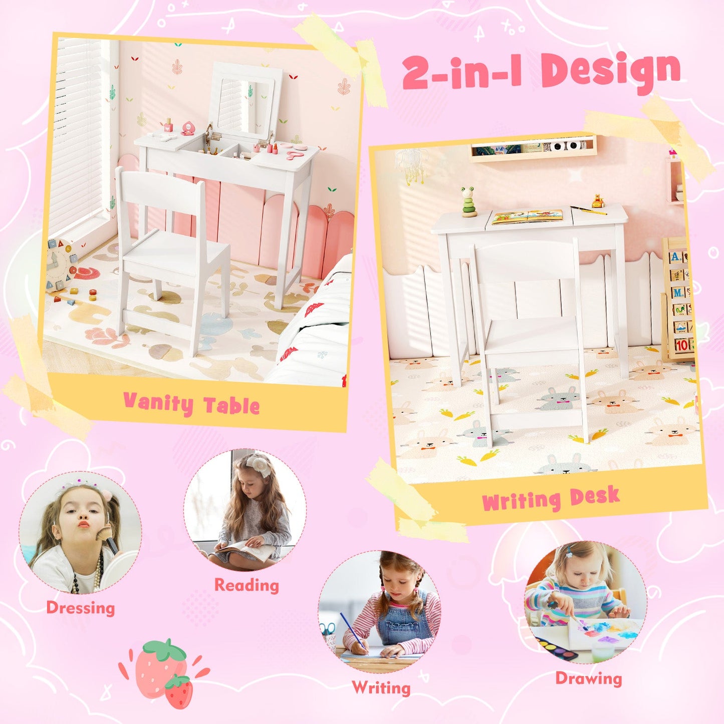 2-in-1 Kids Vanity Makeup Table and Chair Set - White
