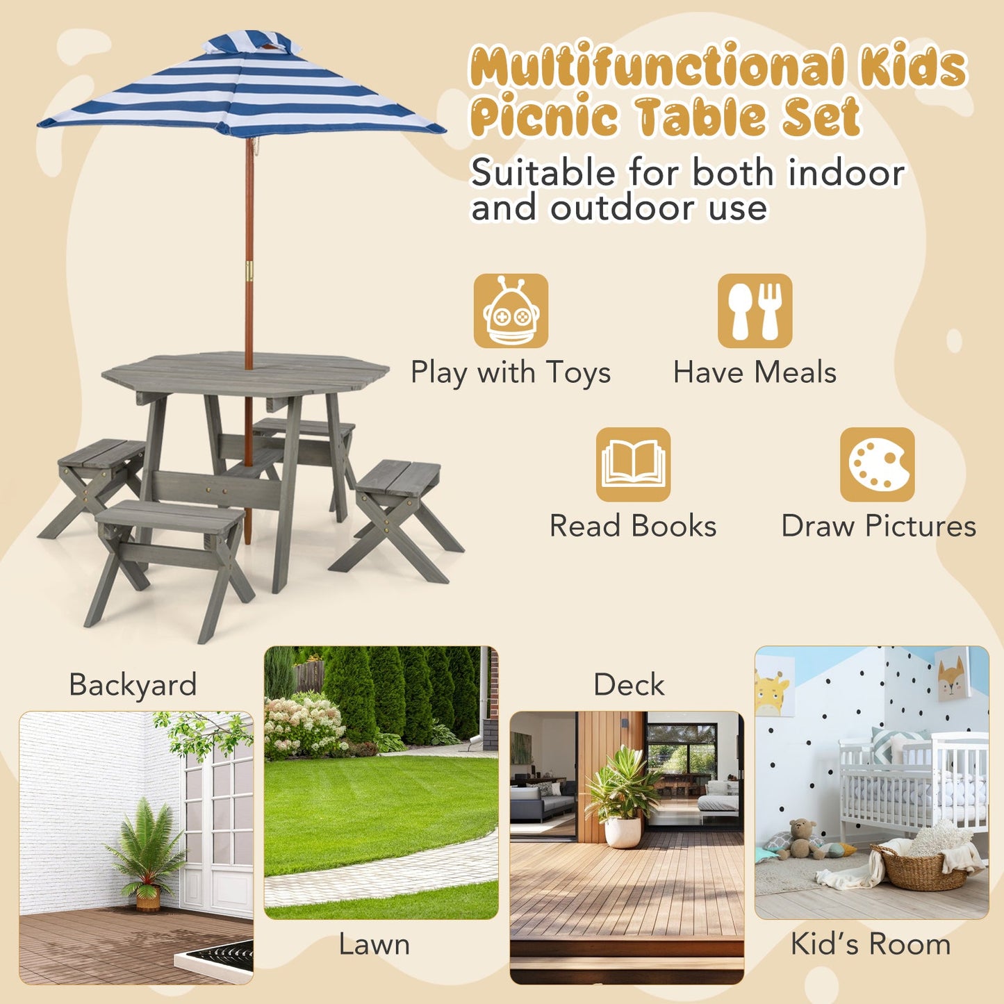 Kids Wooden Table Set for Children Aged 3+ Years - Gray