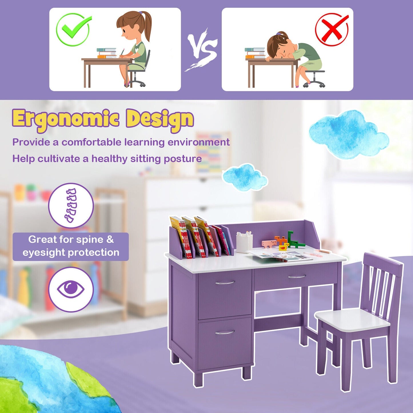 Ensemble de mobilier d'écriture en bois pour enfants avec tiroir et rangement - Violet