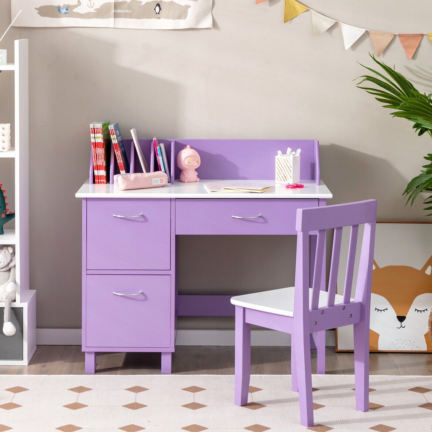Ensemble de mobilier d'écriture en bois pour enfants avec tiroir et rangement - Violet