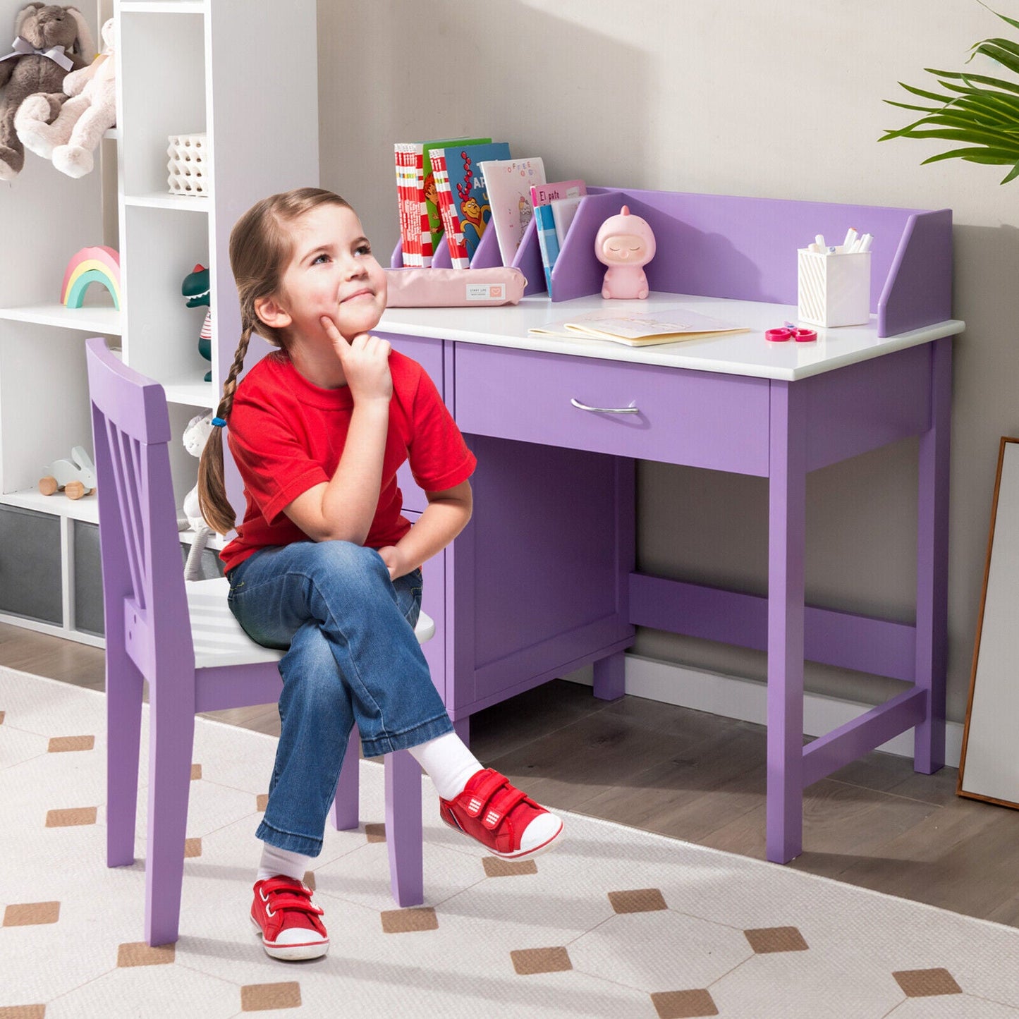 Ensemble de mobilier d'écriture en bois pour enfants avec tiroir et rangement - Violet