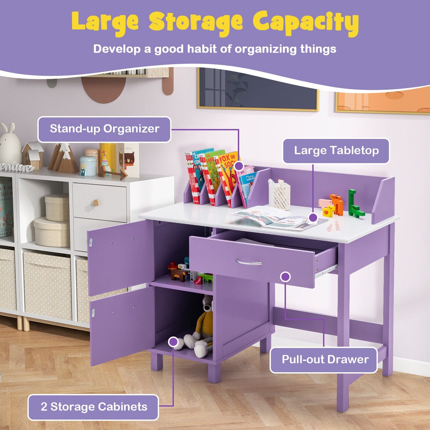 Ensemble de mobilier d'écriture en bois pour enfants avec tiroir et rangement - Violet