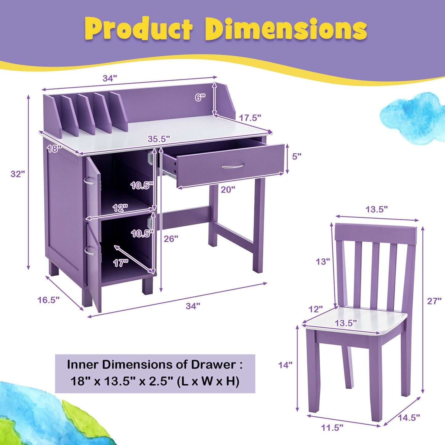 Ensemble de mobilier d'écriture en bois pour enfants avec tiroir et rangement - Violet