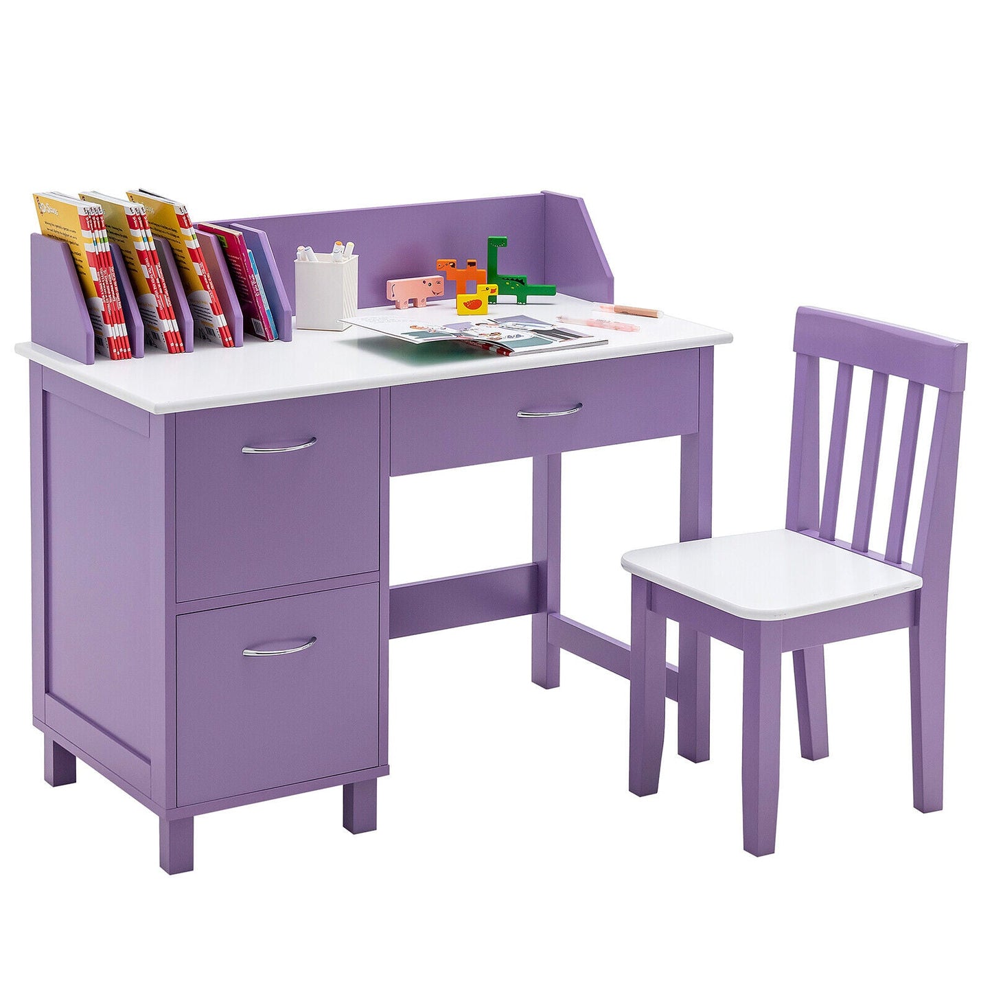 Ensemble de mobilier d'écriture en bois pour enfants avec tiroir et rangement - Violet