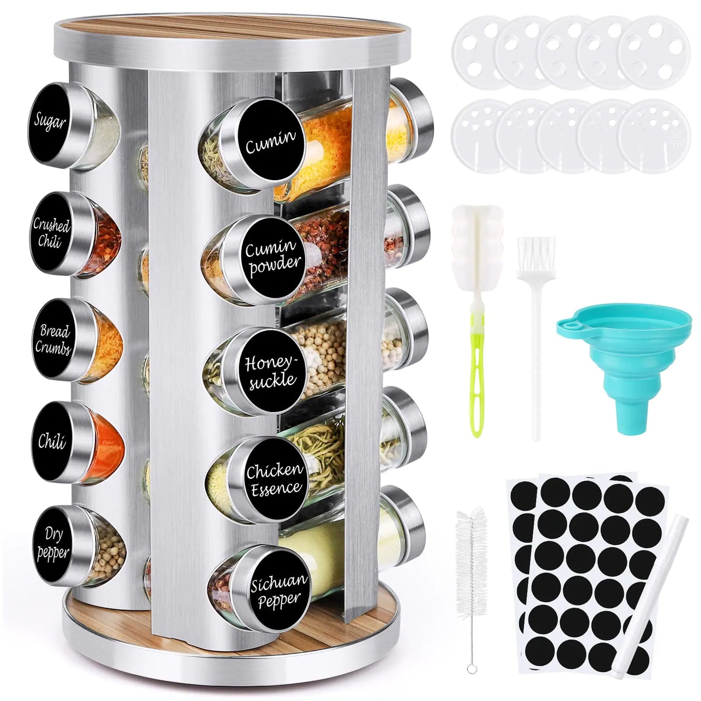 Organizador de especias premium con frascos - Set de 20 piezas