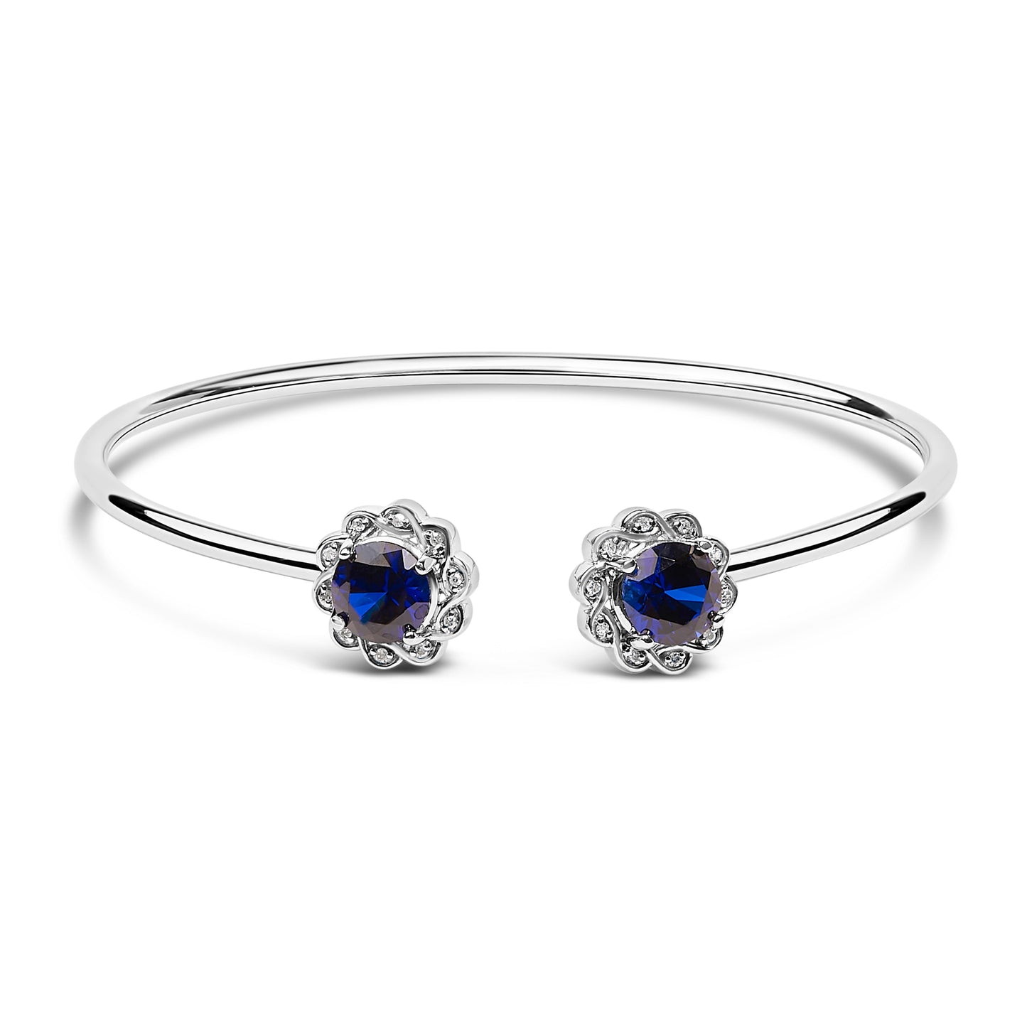 Floral Design Sterling Silver Bangle with Blue Sapphire & Diamonds