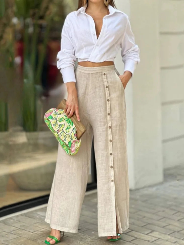 Long Sleeve Nipped Waist Top & Wide Leg Pants Set