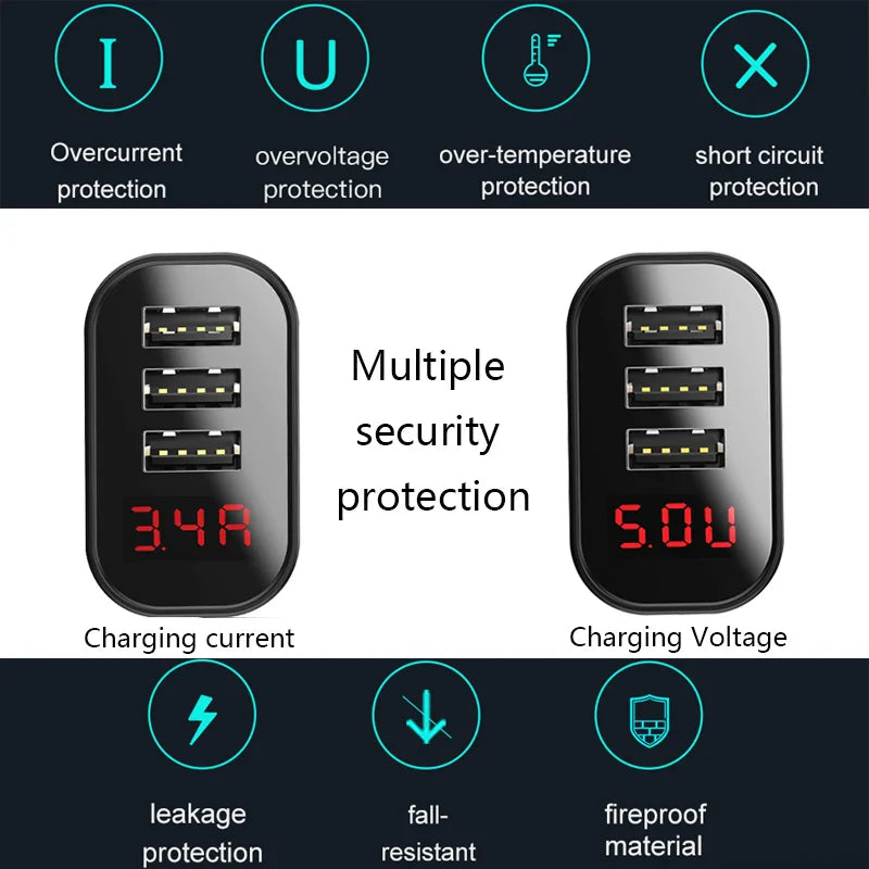 LED Display 3 USB Charger, Baseus Mobile Phone USB Charger Fast Charging Wall Charger For iPhone Samsung Xiaomi 3.4A Max Charger - Korvel