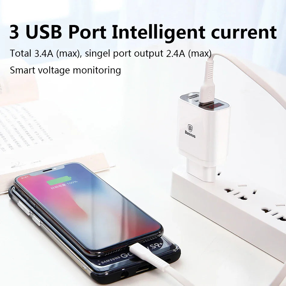 LED Display 3 USB Charger, Baseus Mobile Phone USB Charger Fast Charging Wall Charger For iPhone Samsung Xiaomi 3.4A Max Charger - Korvel