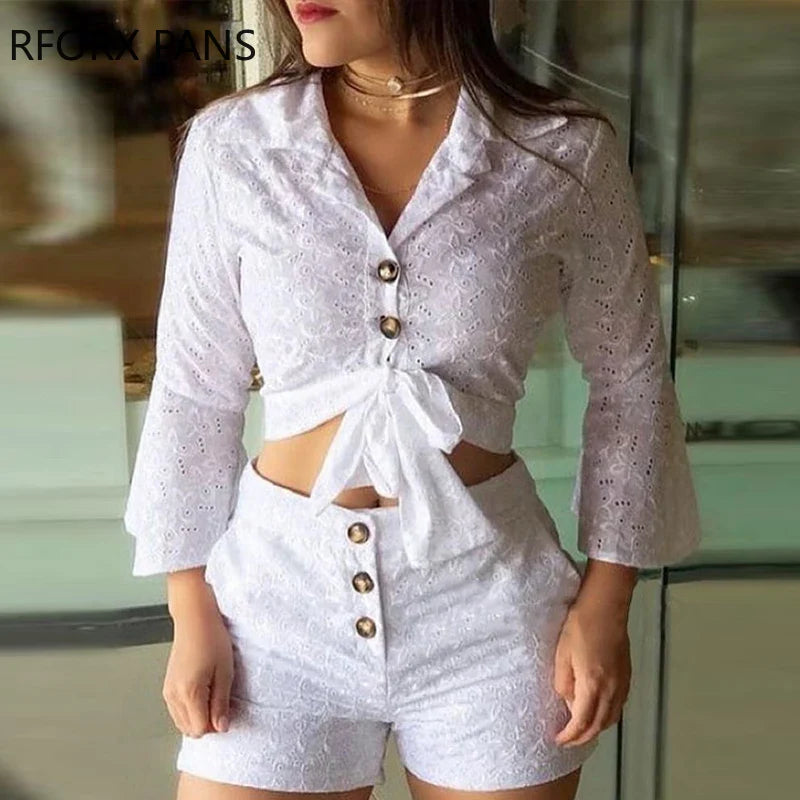 Elegant Women's Broderie Lace Blouse and Shorts Set