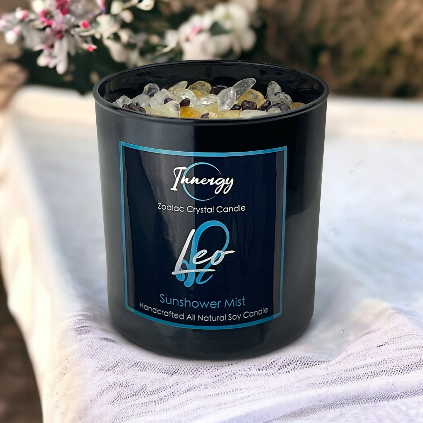 Radiant Leo Zodiac Crystal Candle with Garnet, Quartz, and Citrine | 9oz Coconut-Soy Wax Blend - Korvel