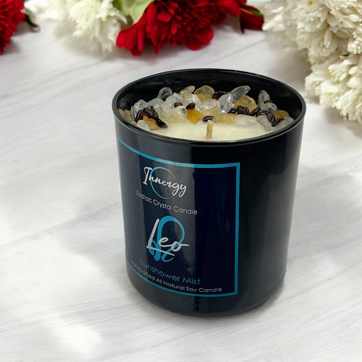 Radiant Leo Zodiac Crystal Candle with Garnet, Quartz, and Citrine | 9oz Coconut-Soy Wax Blend - Korvel