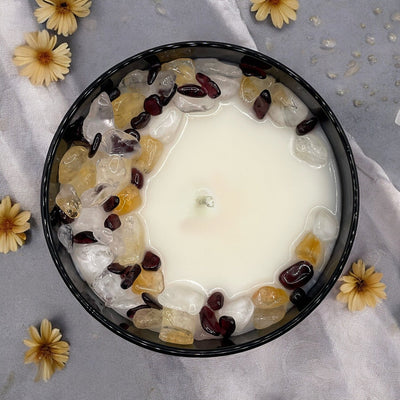 Radiant Sunshower Mist Crystal Candle with Garnet, Quartz, and Citrine | 9oz Coconut-Soy Wax Delight - Korvel