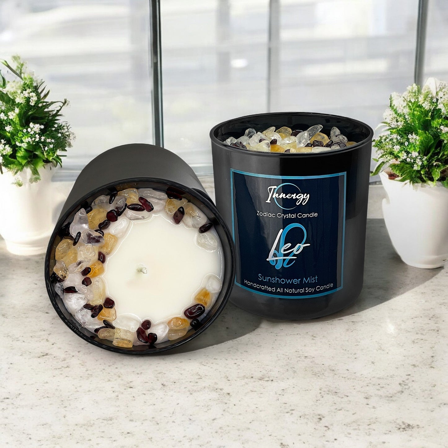 Radiant Leo Zodiac Crystal Candle with Garnet, Quartz, and Citrine | 9oz Coconut-Soy Wax Blend - Korvel