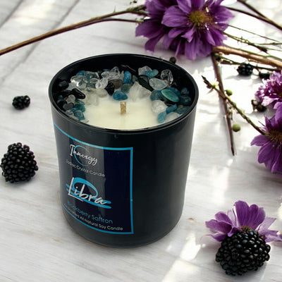 Libra Zodiac Crystal Candle - Obsidian, Blue Apatite & Quartz | 9oz Coconut-Soy Wax - Korvel