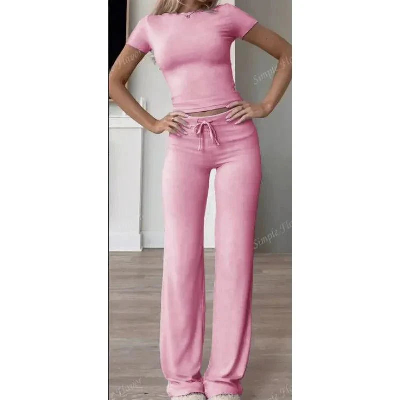 Ensemble T-Shirt & Pantalon 2 Pièces Uni Décontracté