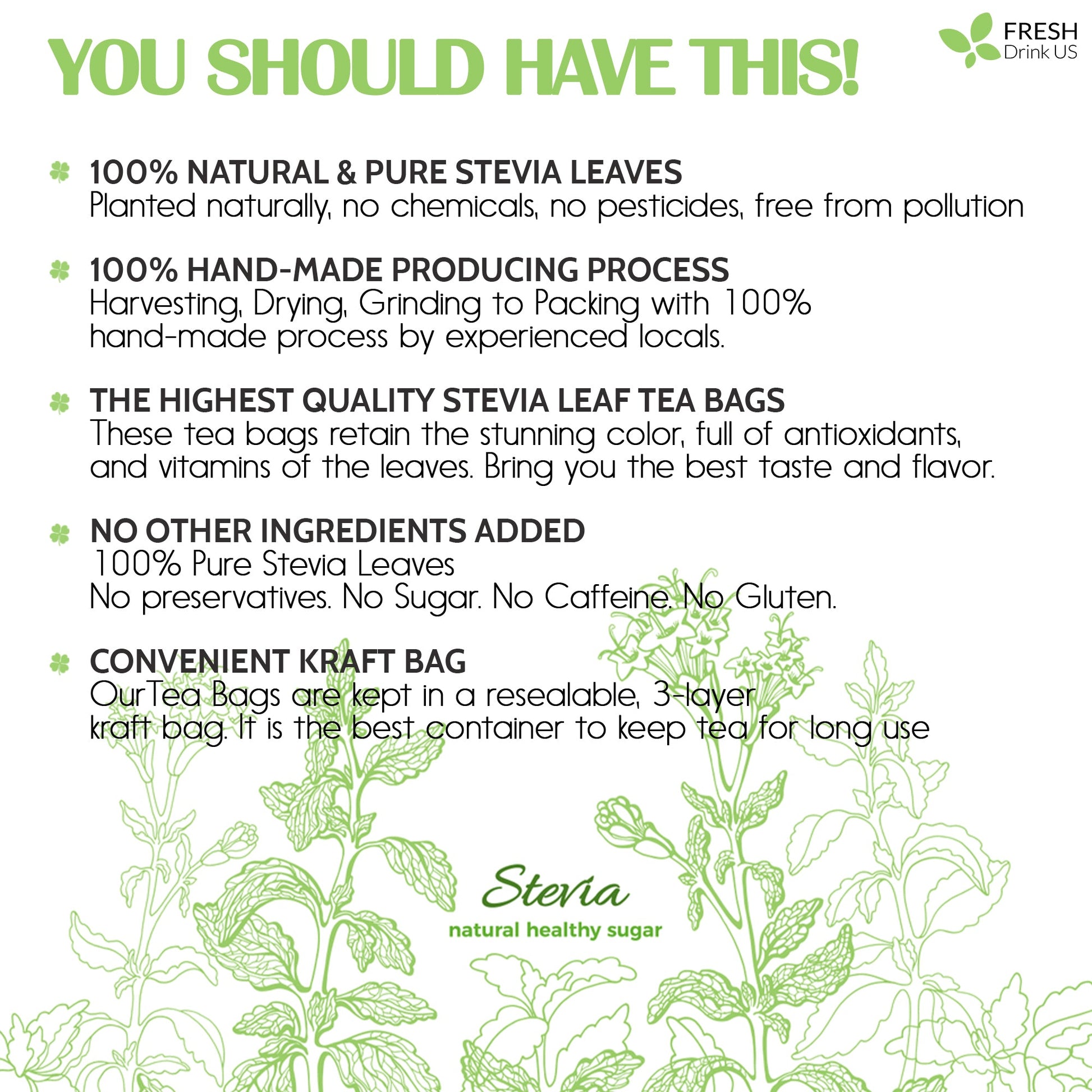 Stevia Leaf Tea Bags, 100% Natural & Pure Stevia leaves, Eco-Conscious Tea Bags, Stevia Herbal Tea. Stevia Leaf Tea. No Sugar, No Caffeine, No Gluten, Vegan - Korvel