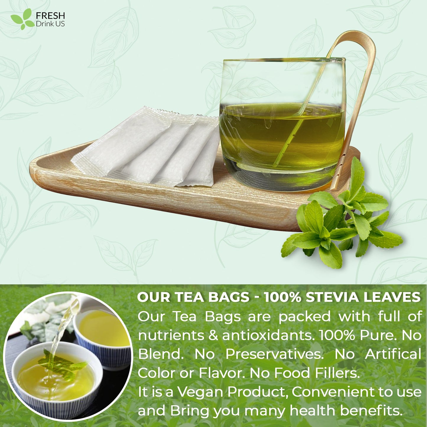 Stevia Leaf Tea Bags, 100% Natural & Pure Stevia leaves, Eco-Conscious Tea Bags, Stevia Herbal Tea. Stevia Leaf Tea. No Sugar, No Caffeine, No Gluten, Vegan - Korvel