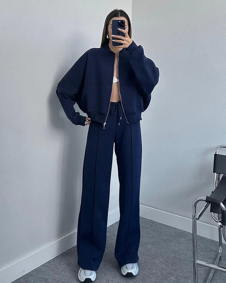 Conjunto de Suéter y Pantalones de Color Sólido con Cremallera BASIC para Mujeres