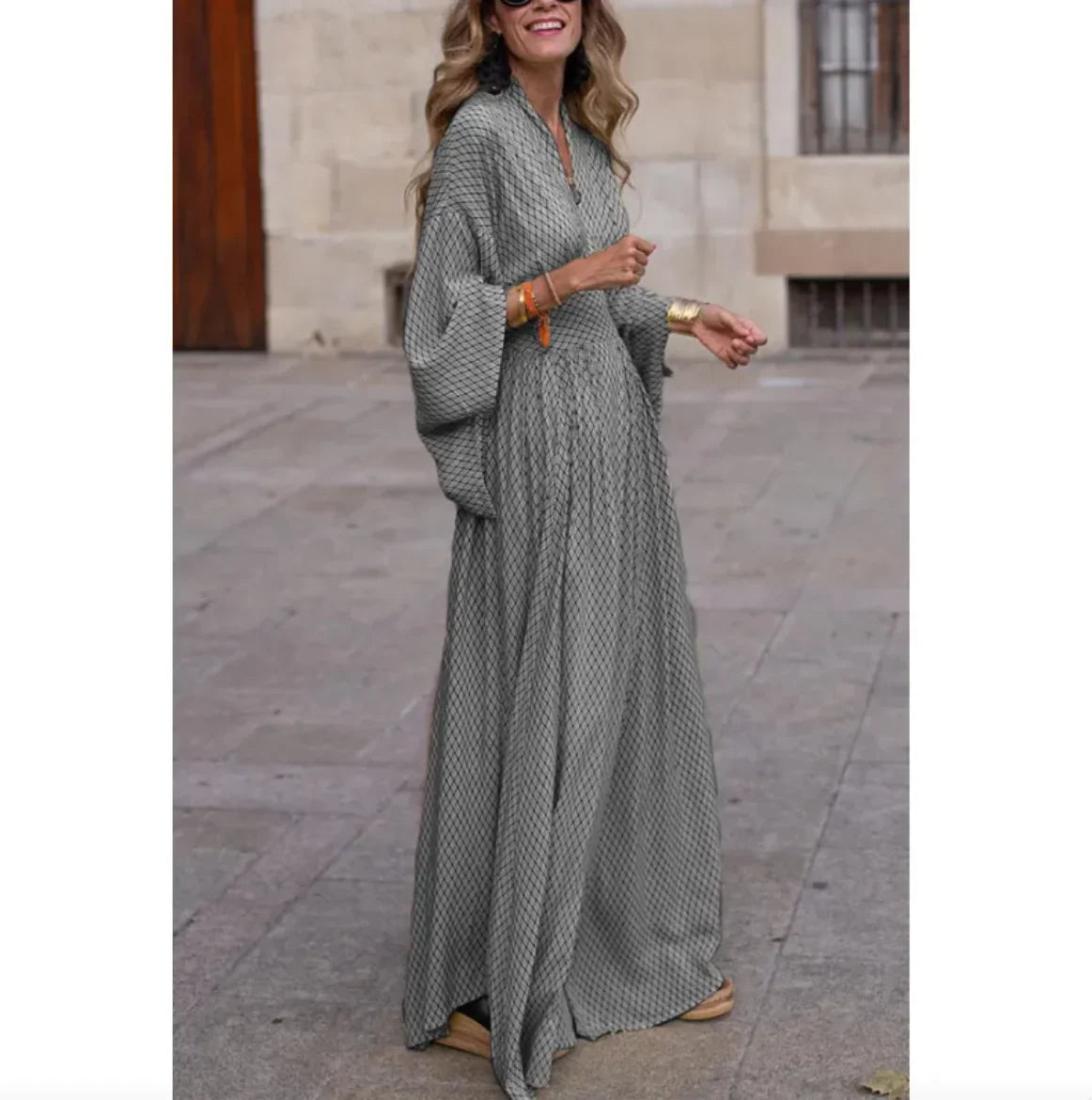 Robe maxi à manches chauve-souris et décolleté en V pour femmes