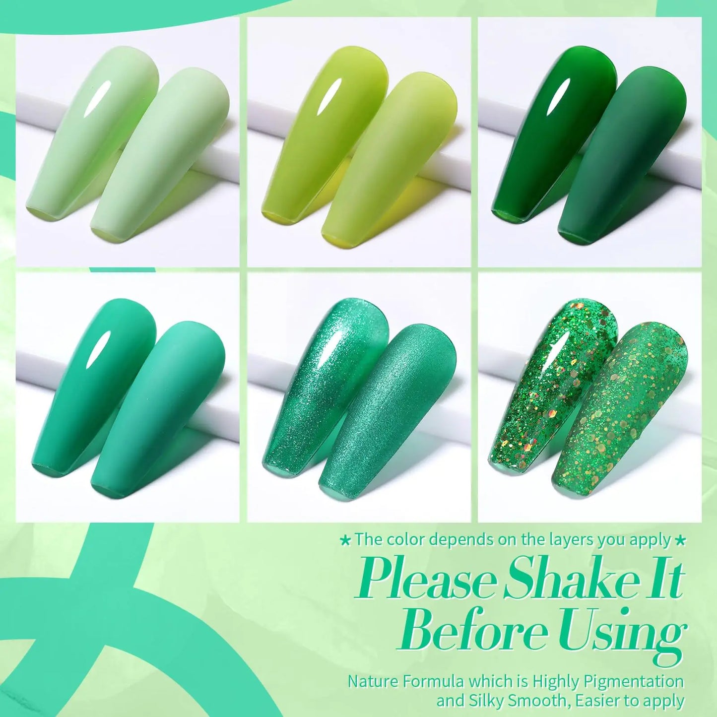 Born Pretty Green Gel Nail Polish Set - 6PCS Glitter Collection
