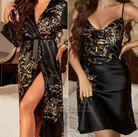 Ensemble de Chemise de Nuit et Robe en Satin à Imprimé Cerise